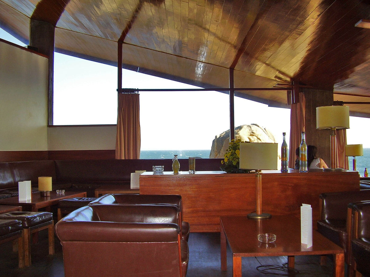 Timber ceiling and leather seats inside Boa Nova Tea House, looking towards the Atlantic; photographed in 2007.